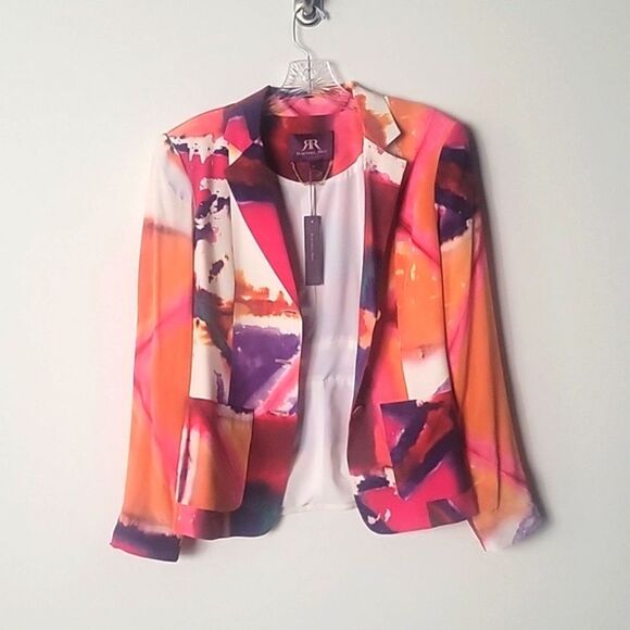 NWT Rachel Roy Sz 2 4 Silk Blazer Jacket Colorful Pink White Art Professional - Picture 2 of 16